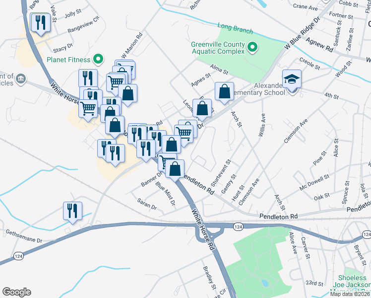 map of restaurants, bars, coffee shops, grocery stores, and more near 3229 West Blue Ridge Drive in Greenville