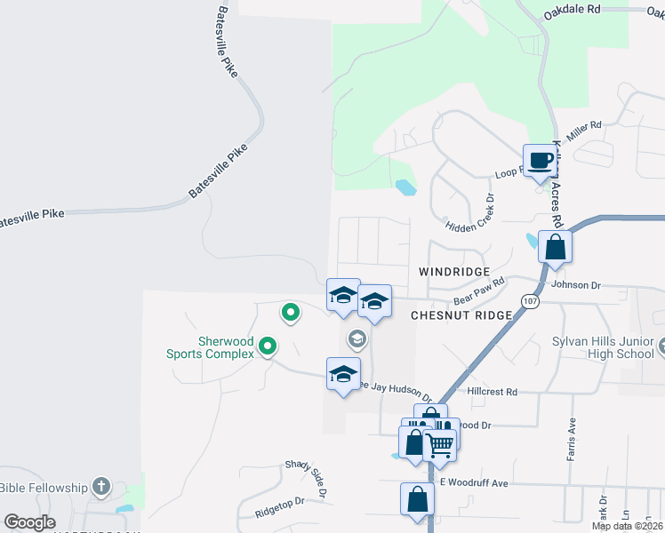map of restaurants, bars, coffee shops, grocery stores, and more near 2025 Honeycomb Street in North Little Rock