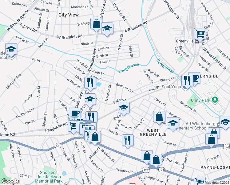map of restaurants, bars, coffee shops, grocery stores, and more near 17 Linton Street in Greenville