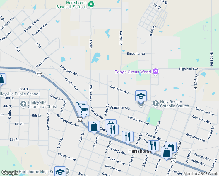 map of restaurants, bars, coffee shops, grocery stores, and more near 610 North 6th Street in Hartshorne