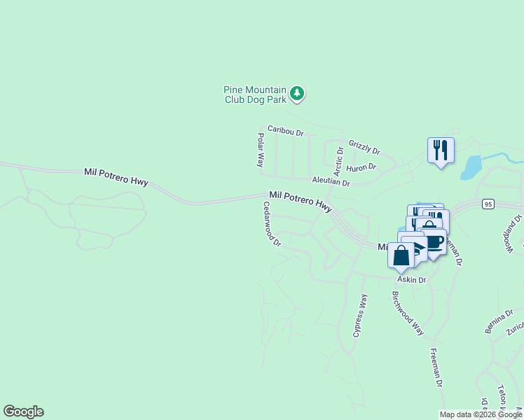 map of restaurants, bars, coffee shops, grocery stores, and more near 2609 Cedarwood Drive in Pine Mountain Club