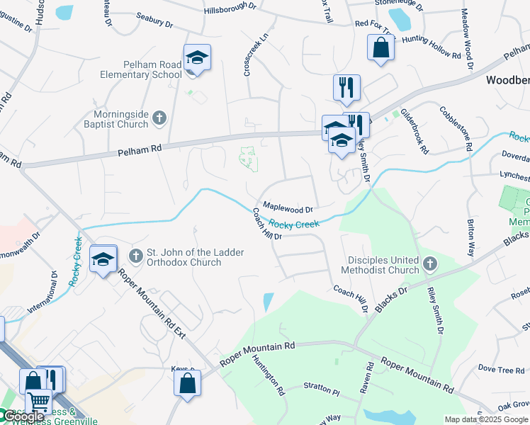 map of restaurants, bars, coffee shops, grocery stores, and more near 4916 Coach Hill Drive in Greenville