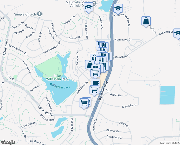 map of restaurants, bars, coffee shops, grocery stores, and more near 106 Tivoli Lane in Maumelle