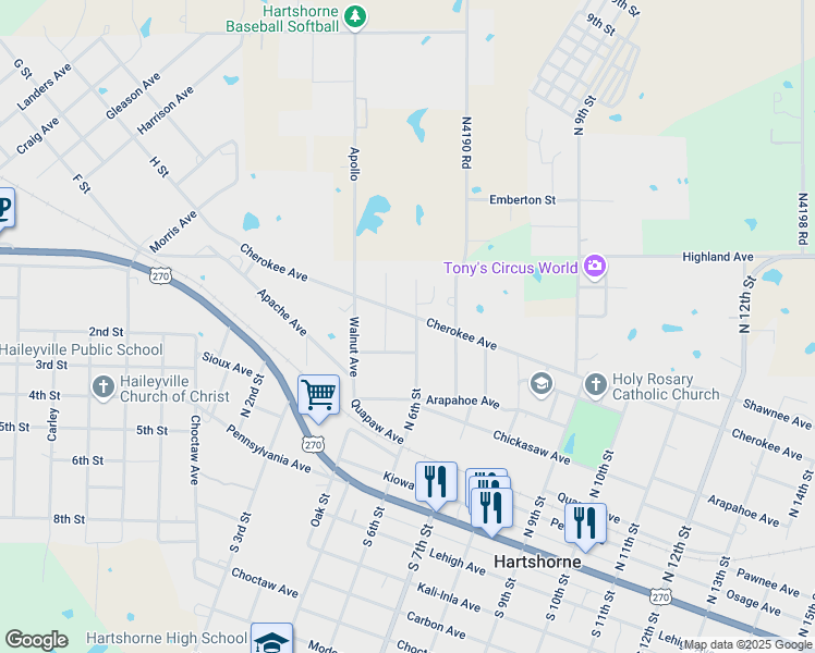 map of restaurants, bars, coffee shops, grocery stores, and more near 610 North 6th Street in Hartshorne