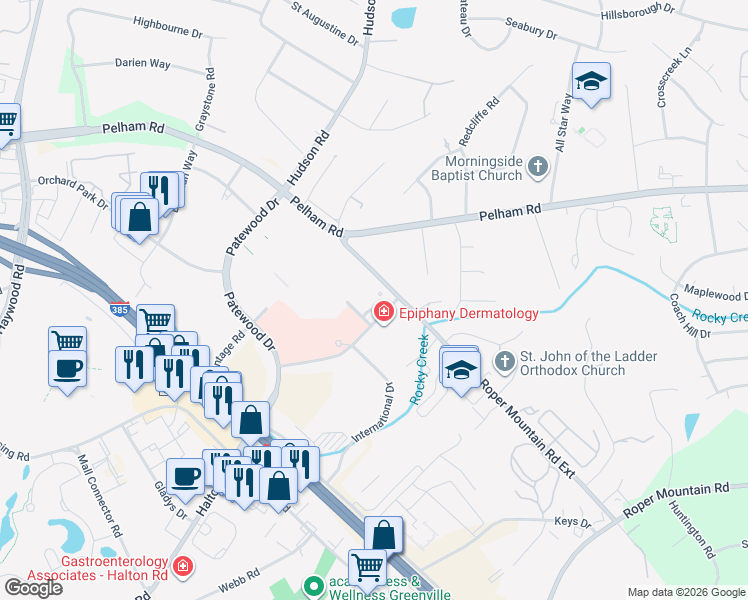 map of restaurants, bars, coffee shops, grocery stores, and more near 275 Commonwealth Drive in Greenville