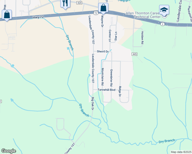 map of restaurants, bars, coffee shops, grocery stores, and more near 1100-1498 Lauderdale County 107 in Killen