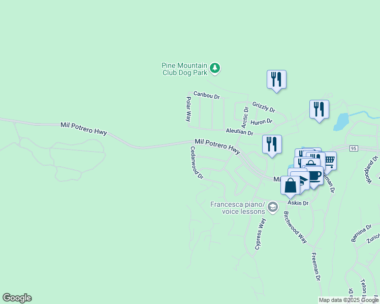 map of restaurants, bars, coffee shops, grocery stores, and more near 2609 Cedarwood Drive in Pine Mountain Club