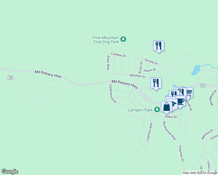 map of restaurants, bars, coffee shops, grocery stores, and more near 2609 Cedarwood Drive in Pine Mountain Club