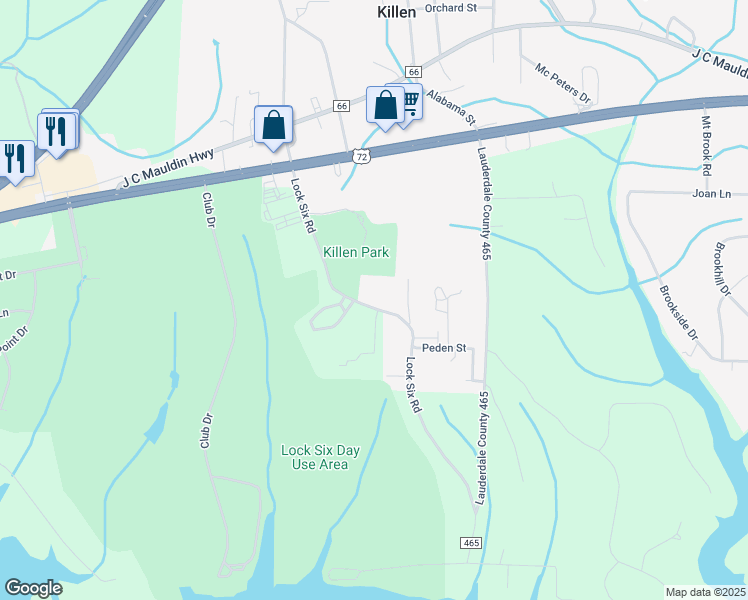 map of restaurants, bars, coffee shops, grocery stores, and more near 622 Lock Six Road in Killen