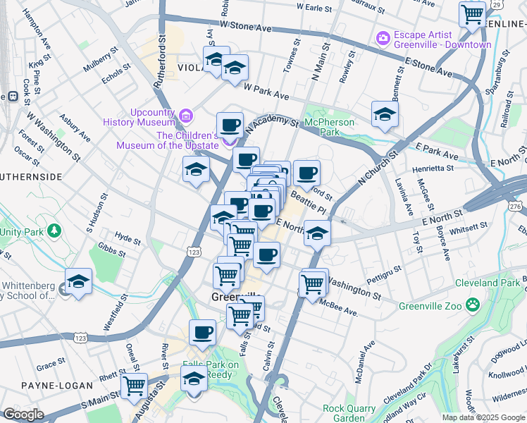 map of restaurants, bars, coffee shops, grocery stores, and more near 200 North Main Street in Greenville