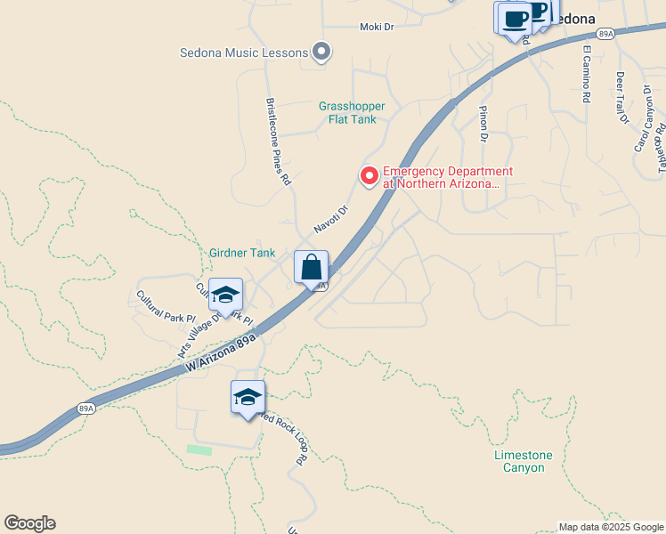 map of restaurants, bars, coffee shops, grocery stores, and more near 3901 Arizona 89A in Sedona
