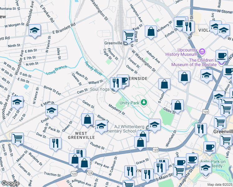 map of restaurants, bars, coffee shops, grocery stores, and more near 25 Delano Drive in Greenville
