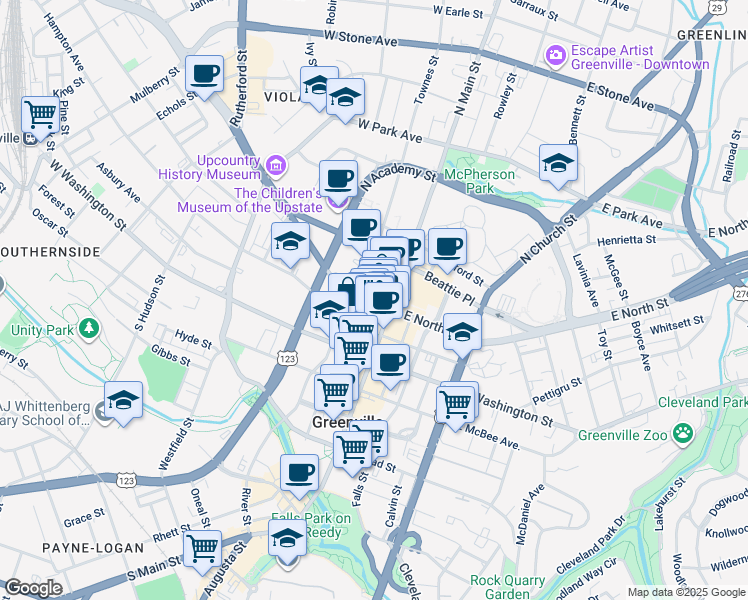 map of restaurants, bars, coffee shops, grocery stores, and more near 66 Richardson Street in Greenville