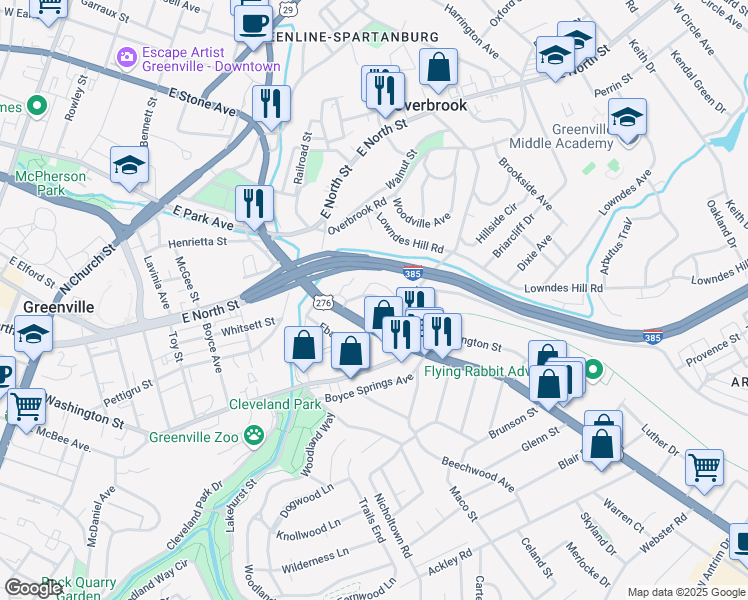 map of restaurants, bars, coffee shops, grocery stores, and more near 111 Laurens Road in Greenville