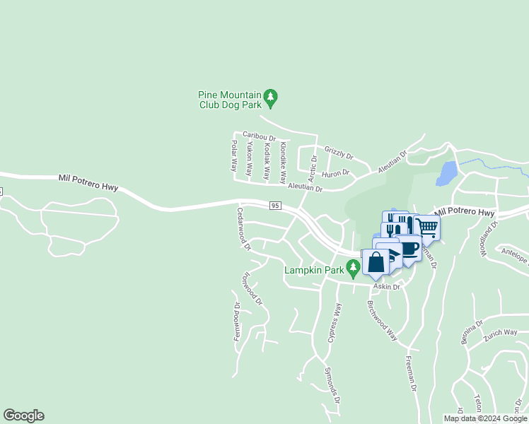 map of restaurants, bars, coffee shops, grocery stores, and more near 16708 Mil Potrero Highway in Pine Mountain Club