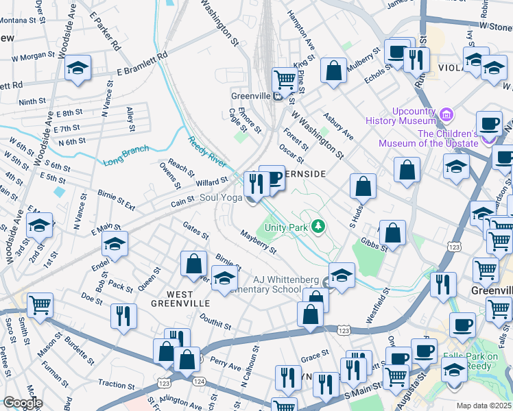 map of restaurants, bars, coffee shops, grocery stores, and more near 25 Delano Drive in Greenville