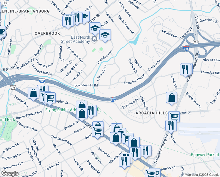 map of restaurants, bars, coffee shops, grocery stores, and more near 506 Lowndes Hill Road in Greenville