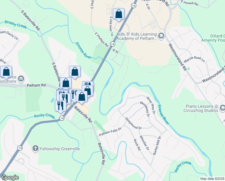 map of restaurants, bars, coffee shops, grocery stores, and more near 150 J Street in Greer