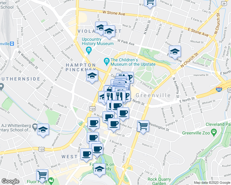 map of restaurants, bars, coffee shops, grocery stores, and more near 66 Richardson Street in Greenville