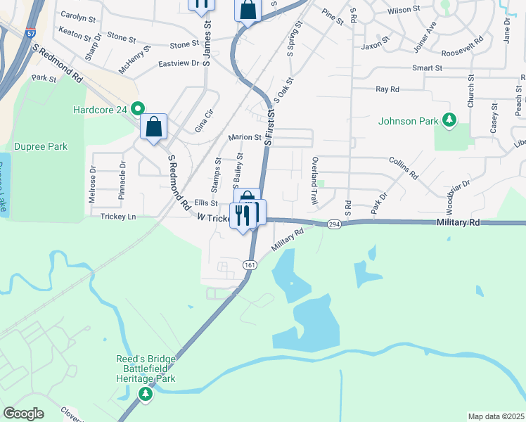 map of restaurants, bars, coffee shops, grocery stores, and more near 1605 Arkansas 161 in Jacksonville