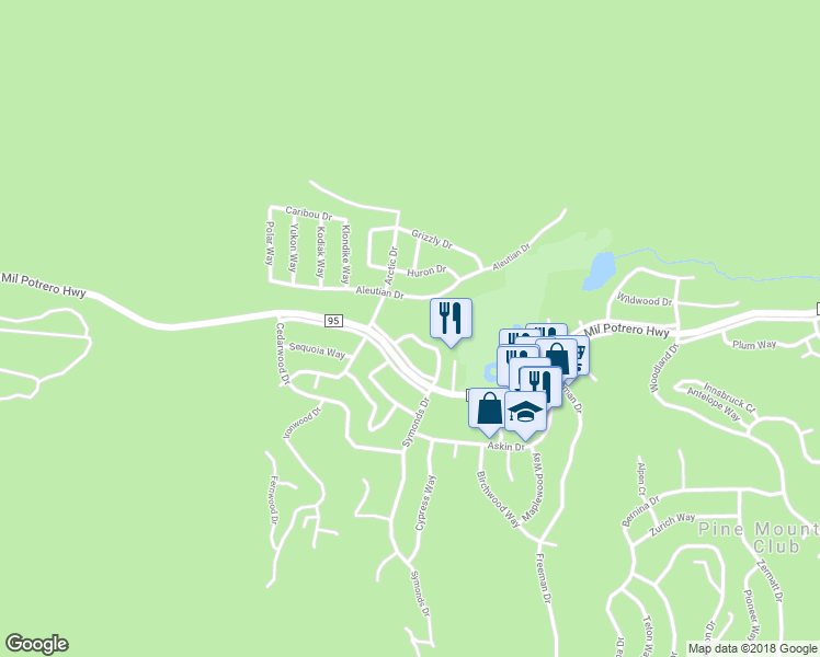 map of restaurants, bars, coffee shops, grocery stores, and more near 2628 Beechwood Way in Pine Mountain Club