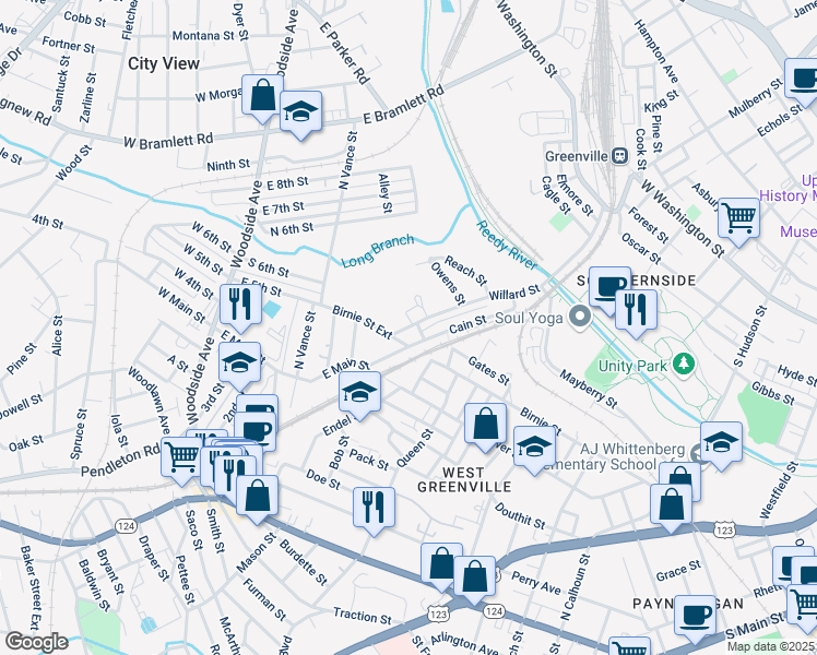 map of restaurants, bars, coffee shops, grocery stores, and more near 205 Willard Street in Greenville