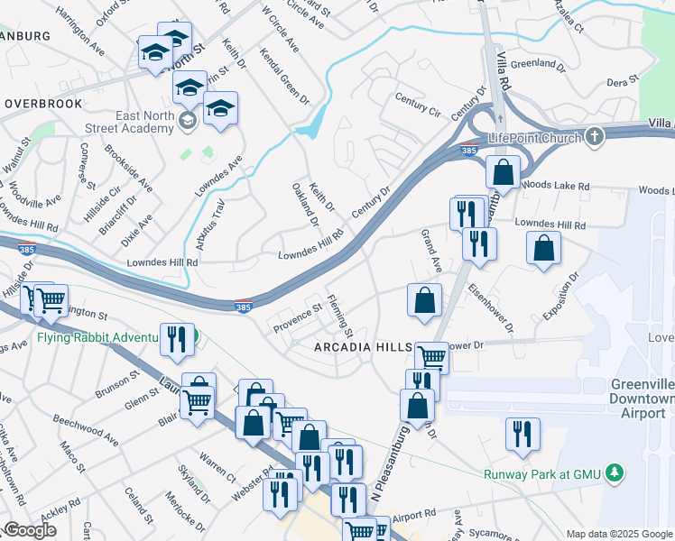 map of restaurants, bars, coffee shops, grocery stores, and more near 6 Baywood Avenue in Greenville