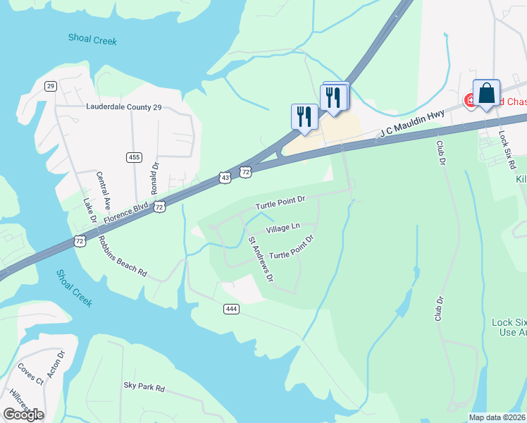 map of restaurants, bars, coffee shops, grocery stores, and more near 9177 Turtle Point Drive in Killen