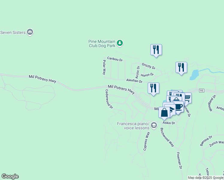 map of restaurants, bars, coffee shops, grocery stores, and more near 16720 Mil Potrero Highway in Pine Mountain Club