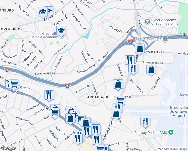 map of restaurants, bars, coffee shops, grocery stores, and more near 6 Baywood Avenue in Greenville