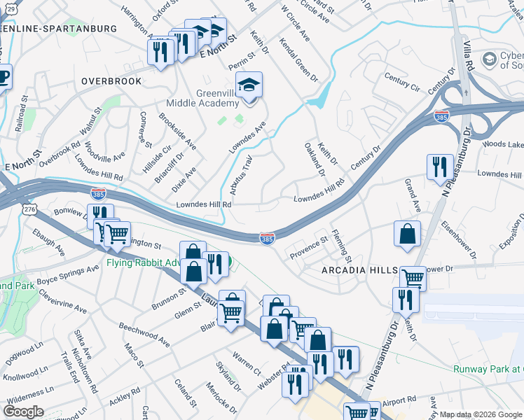 map of restaurants, bars, coffee shops, grocery stores, and more near 506 Lowndes Hill Road in Greenville