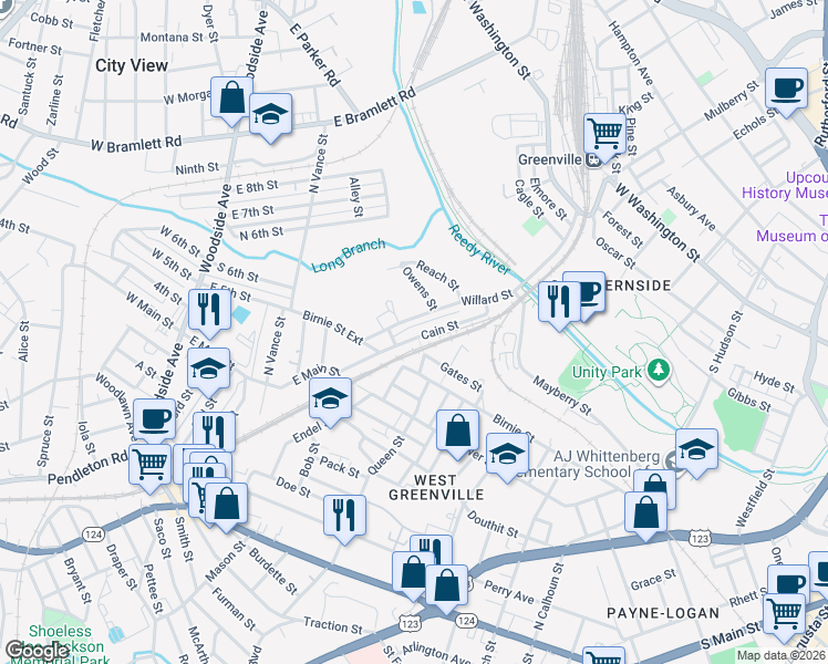 map of restaurants, bars, coffee shops, grocery stores, and more near 40 Cain Street in Greenville