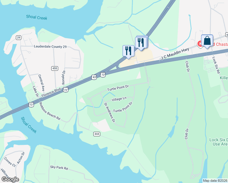 map of restaurants, bars, coffee shops, grocery stores, and more near 9177 Turtle Point Drive in Killen