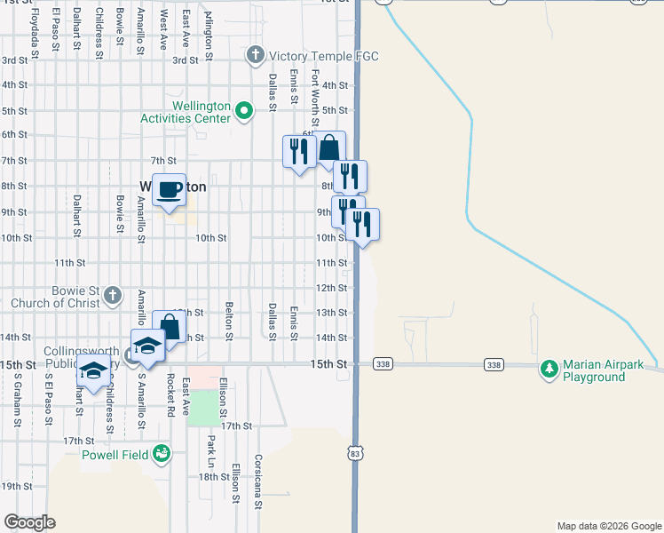 map of restaurants, bars, coffee shops, grocery stores, and more near 1101 Galveston Street in Wellington