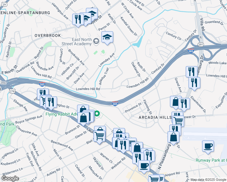 map of restaurants, bars, coffee shops, grocery stores, and more near 520 Lowndes Hill Road in Greenville