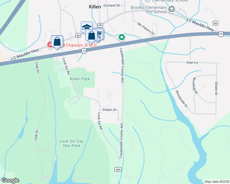 map of restaurants, bars, coffee shops, grocery stores, and more near 327 County Road 465 in Killen