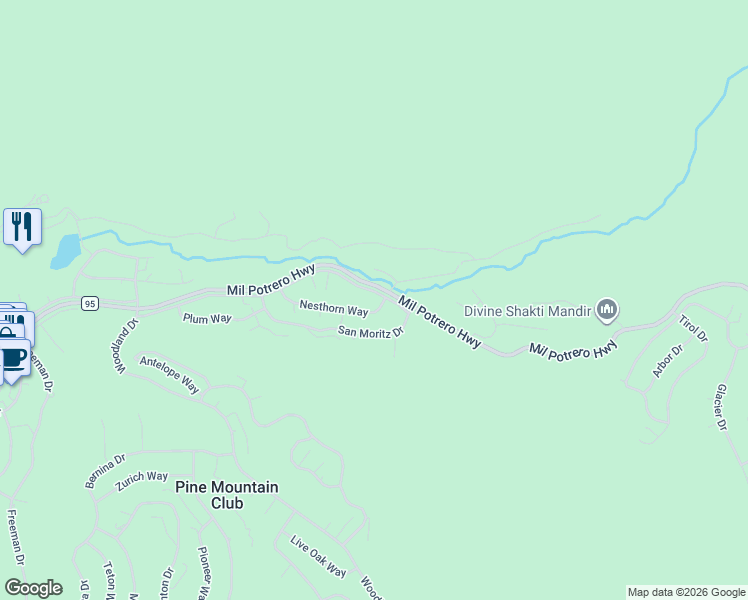 map of restaurants, bars, coffee shops, grocery stores, and more near 15316 Mil Potrero Highway in Frazier Park