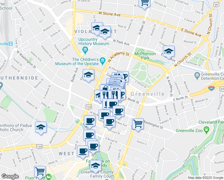 map of restaurants, bars, coffee shops, grocery stores, and more near 66 Richardson Street in Greenville