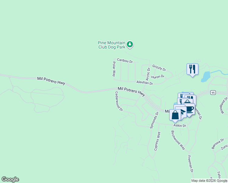 map of restaurants, bars, coffee shops, grocery stores, and more near 2605 Cedarwood Drive in Pine Mountain Club