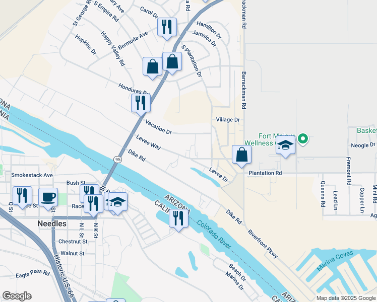 map of restaurants, bars, coffee shops, grocery stores, and more near 1330 Levee Way in Mohave Valley