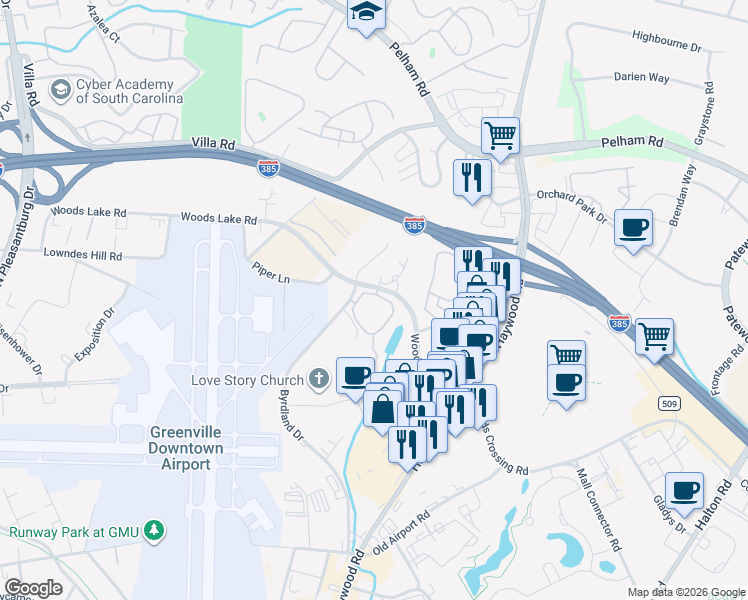 map of restaurants, bars, coffee shops, grocery stores, and more near 3003 Glen Forest Drive in Greenville