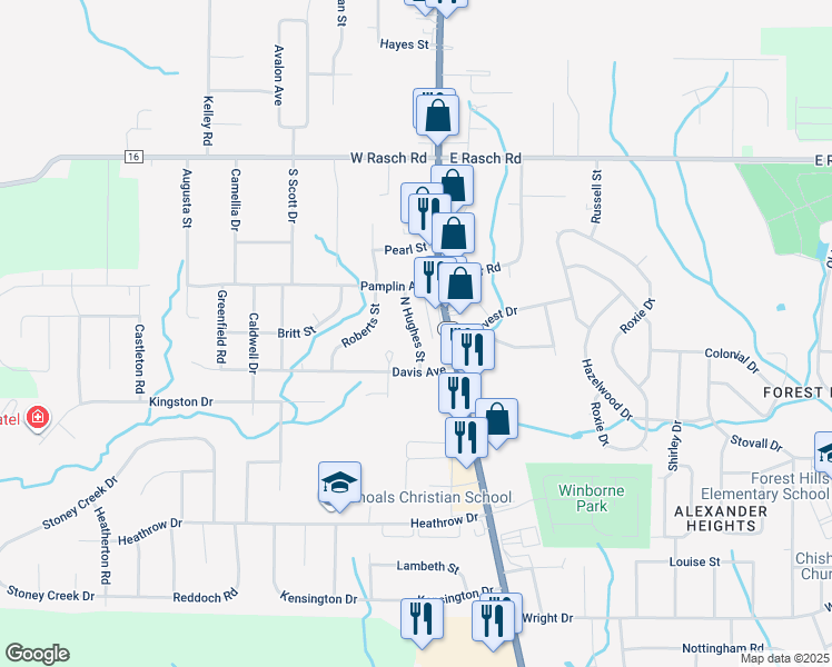 map of restaurants, bars, coffee shops, grocery stores, and more near 120 North Hughes Street in Florence