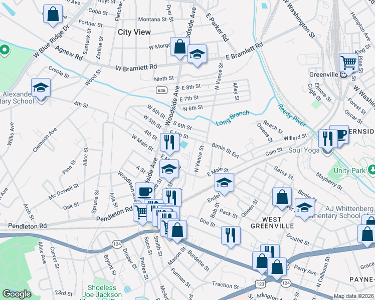 map of restaurants, bars, coffee shops, grocery stores, and more near 25 North Vance Street in Greenville