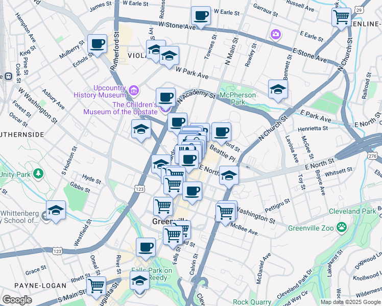 map of restaurants, bars, coffee shops, grocery stores, and more near 200 North Main Street in Greenville