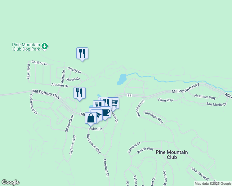 map of restaurants, bars, coffee shops, grocery stores, and more near Teakwood Court in Pine Mountain Club