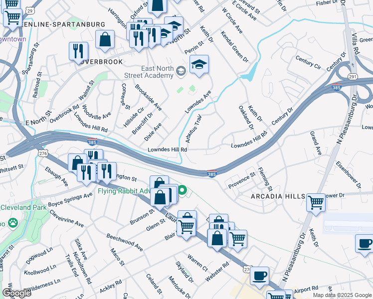 map of restaurants, bars, coffee shops, grocery stores, and more near 9 Arbutus Trail in Greenville
