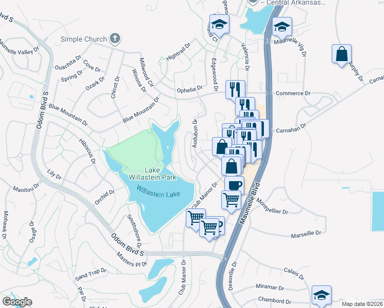 map of restaurants, bars, coffee shops, grocery stores, and more near 100 Park Drive in Maumelle