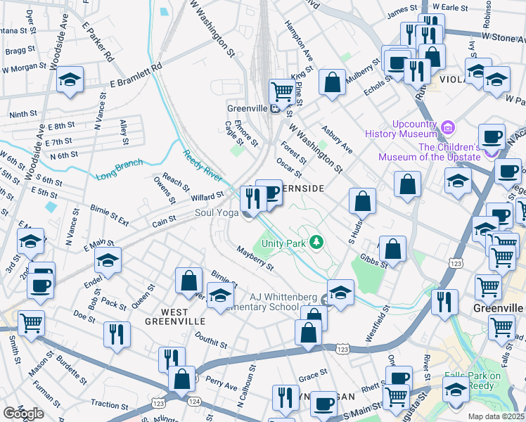 map of restaurants, bars, coffee shops, grocery stores, and more near 159 Welborn Street in Greenville