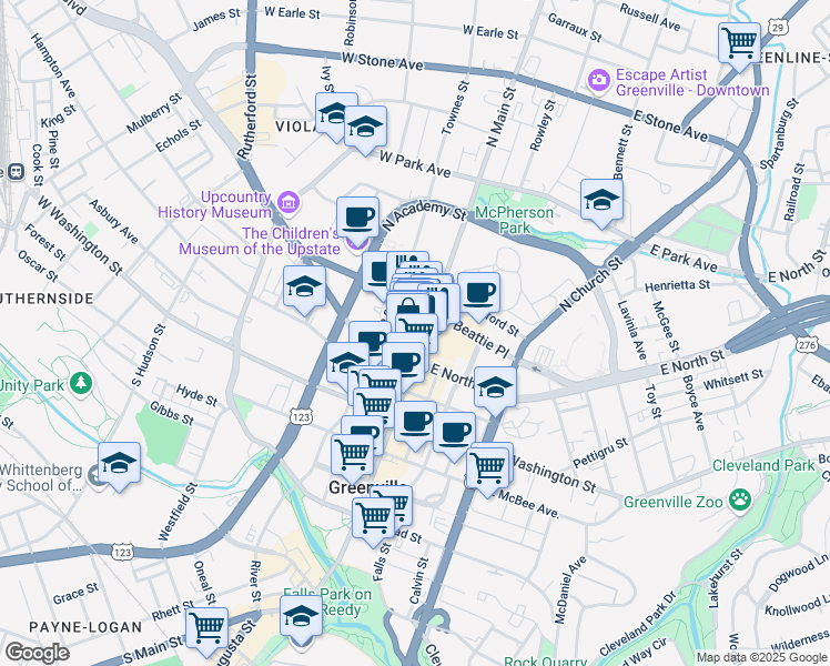 map of restaurants, bars, coffee shops, grocery stores, and more near 7 College Street in Greenville