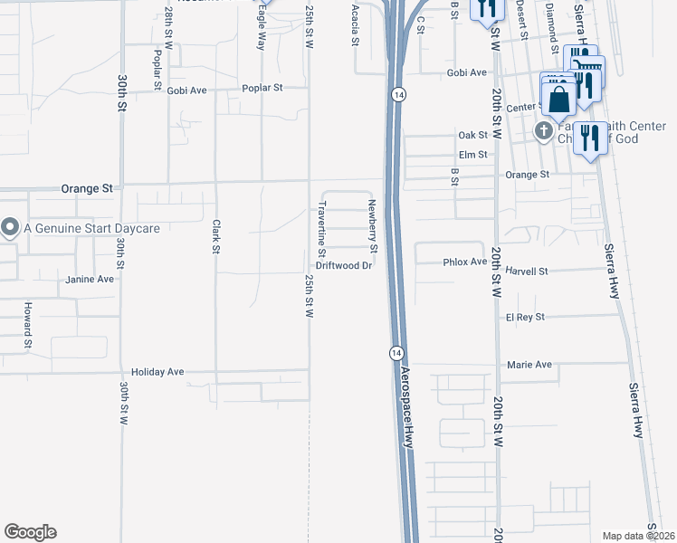 map of restaurants, bars, coffee shops, grocery stores, and more near 2408 Driftwood Drive in Rosamond